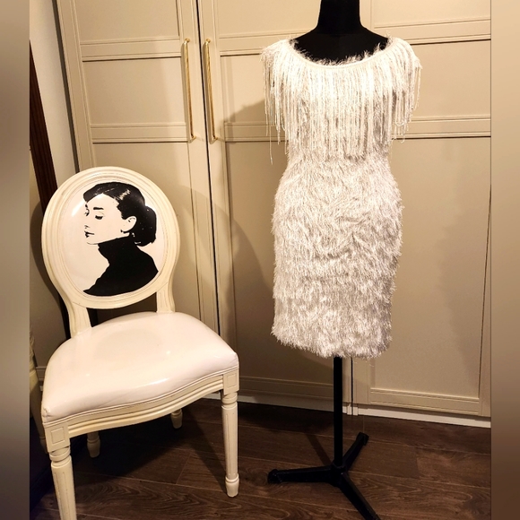 White Feather Like Dress with Tassles Fringe at Neckline - Picture 5 of 6